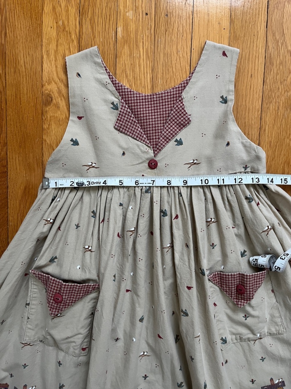 Girls Handmade Cotton Vintage 90s Bird & Birdhouse Country Jumper Dress - Picture 11 of 14
